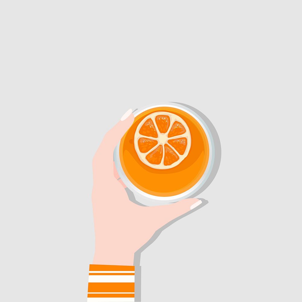Illustration of a hand holding glass of orange juice