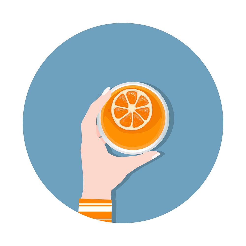 Illustration of a hand holding glass of orange juice