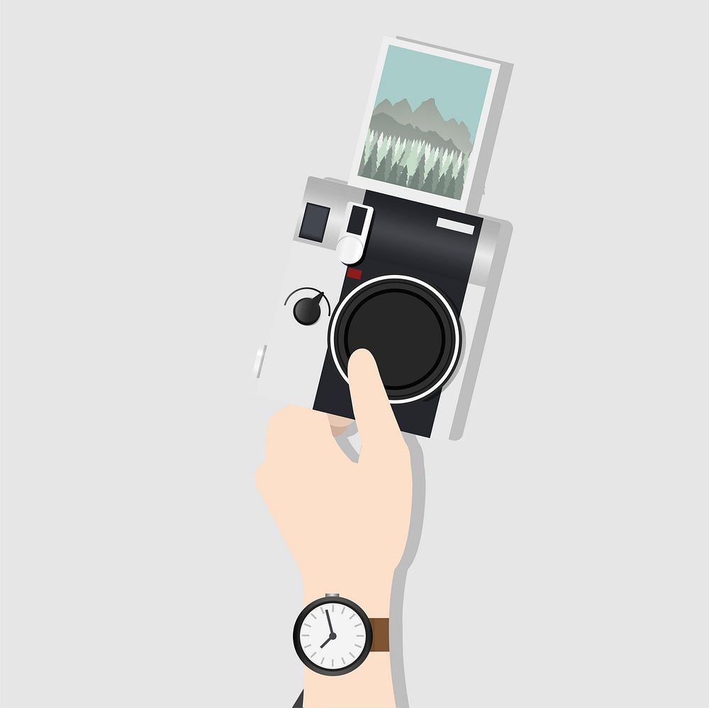 Illustration of a hand holding an instant camera