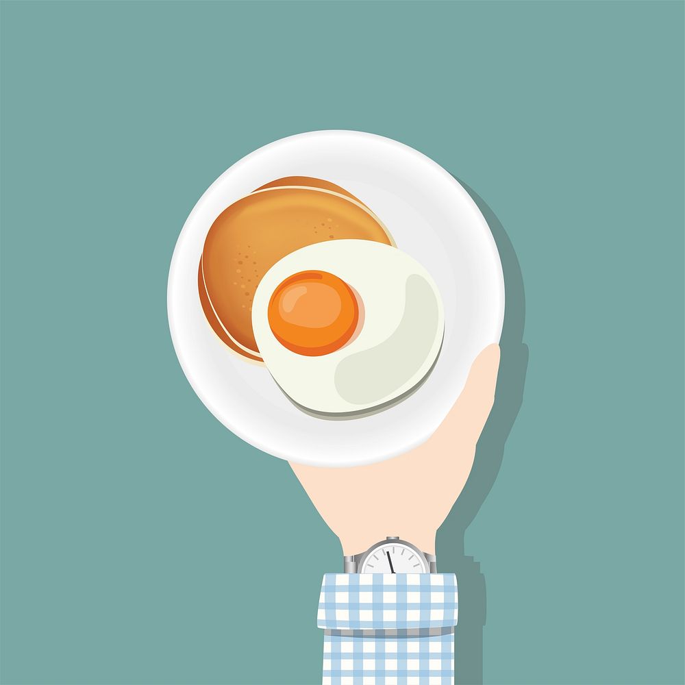 Illustration of a hand holding a plate of pancakes and egg