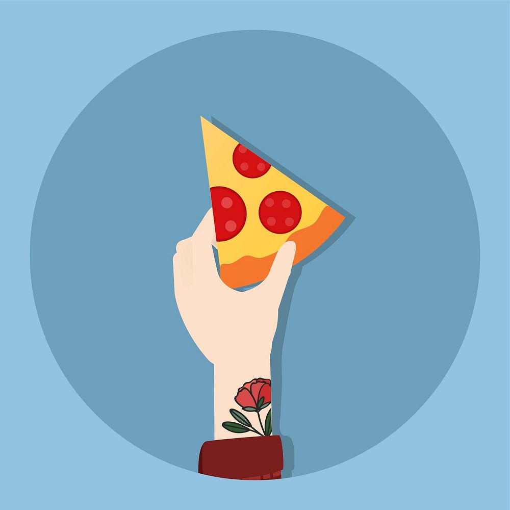 Illustration of a hand holding a slice of pizza