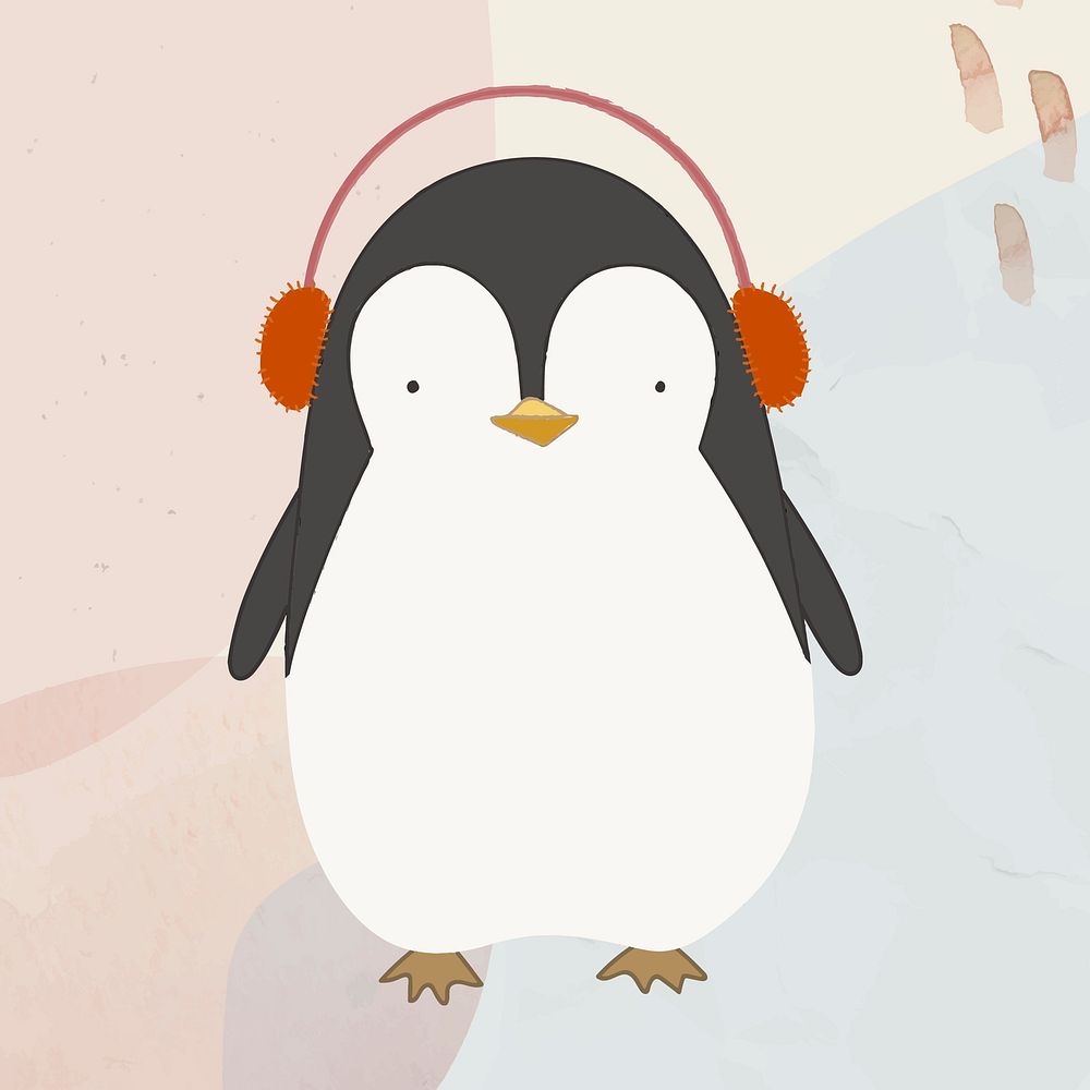 Cute penguin listening to music on beige background vector