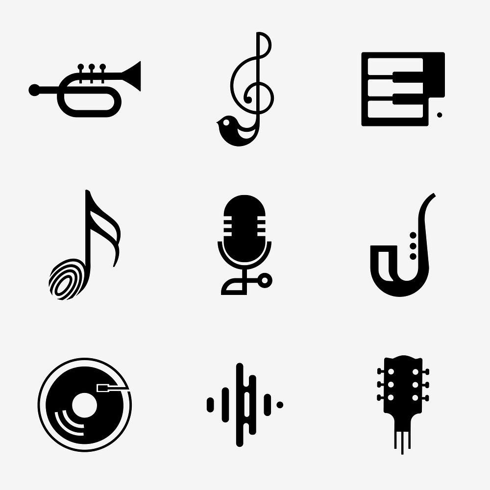 Editable flat music psd icon design set in black and white