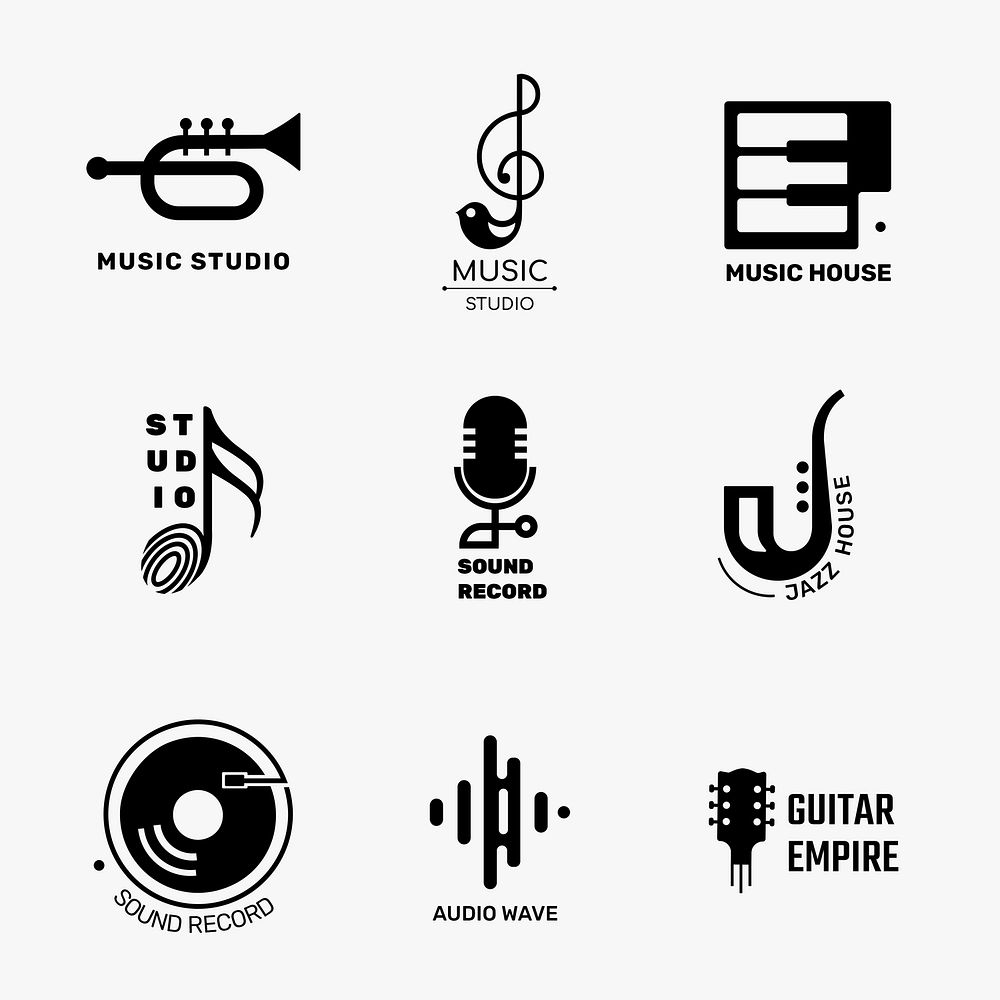 Editable flat music psd logo design set in black and white