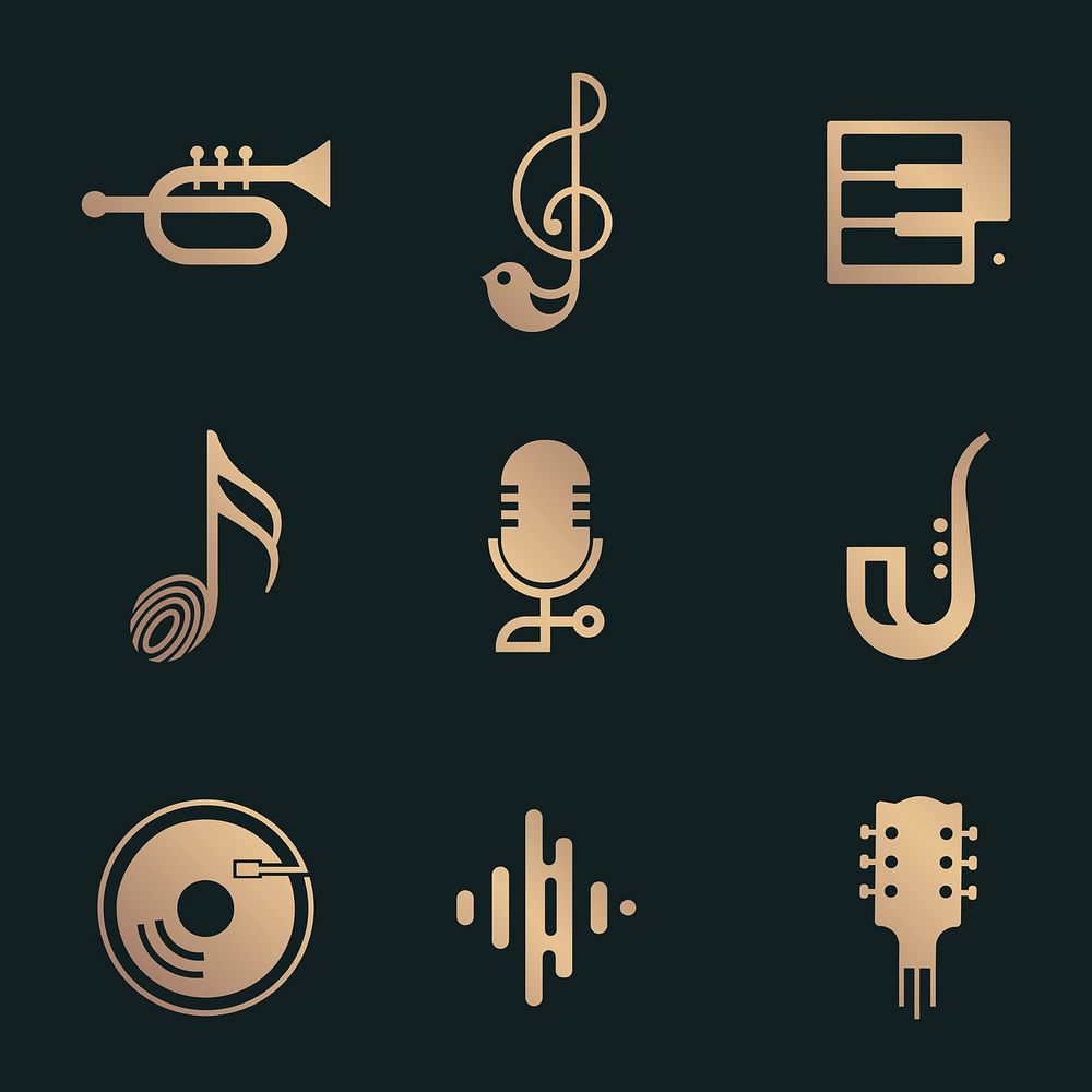 Flat music vector icon design collection in black and gold