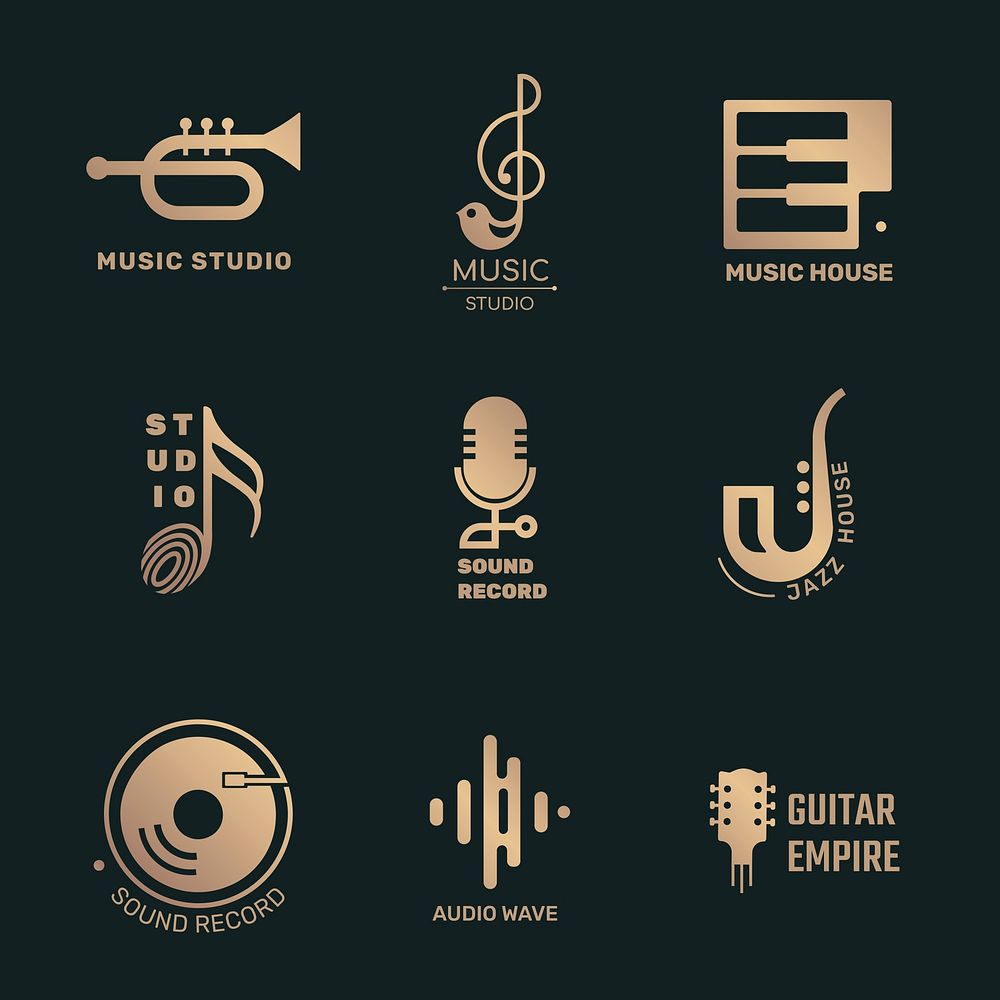 Minimal flat music logo vector design set in black and gold