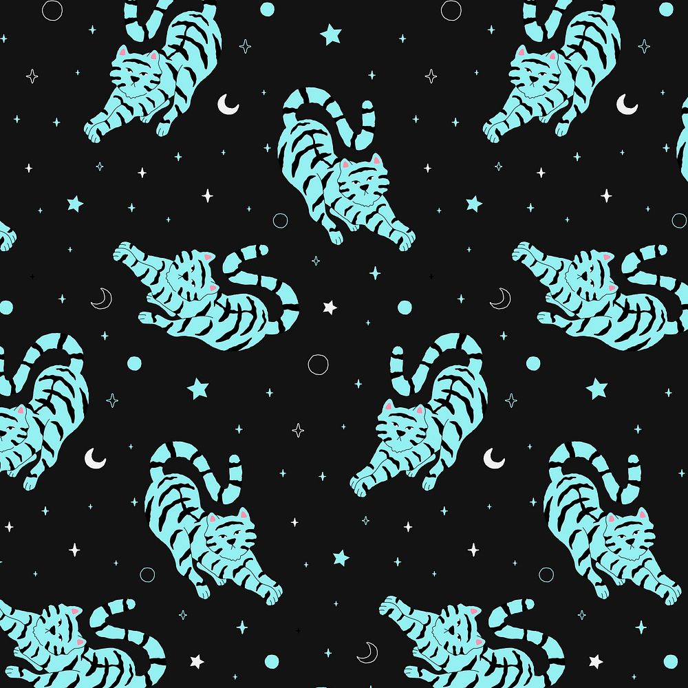 Pattern vector blue tigers stretching on black background
