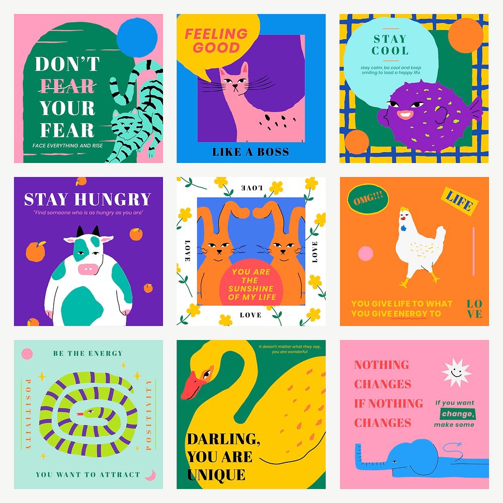 Motivational quote template vector for social media post with cute animal illustration set