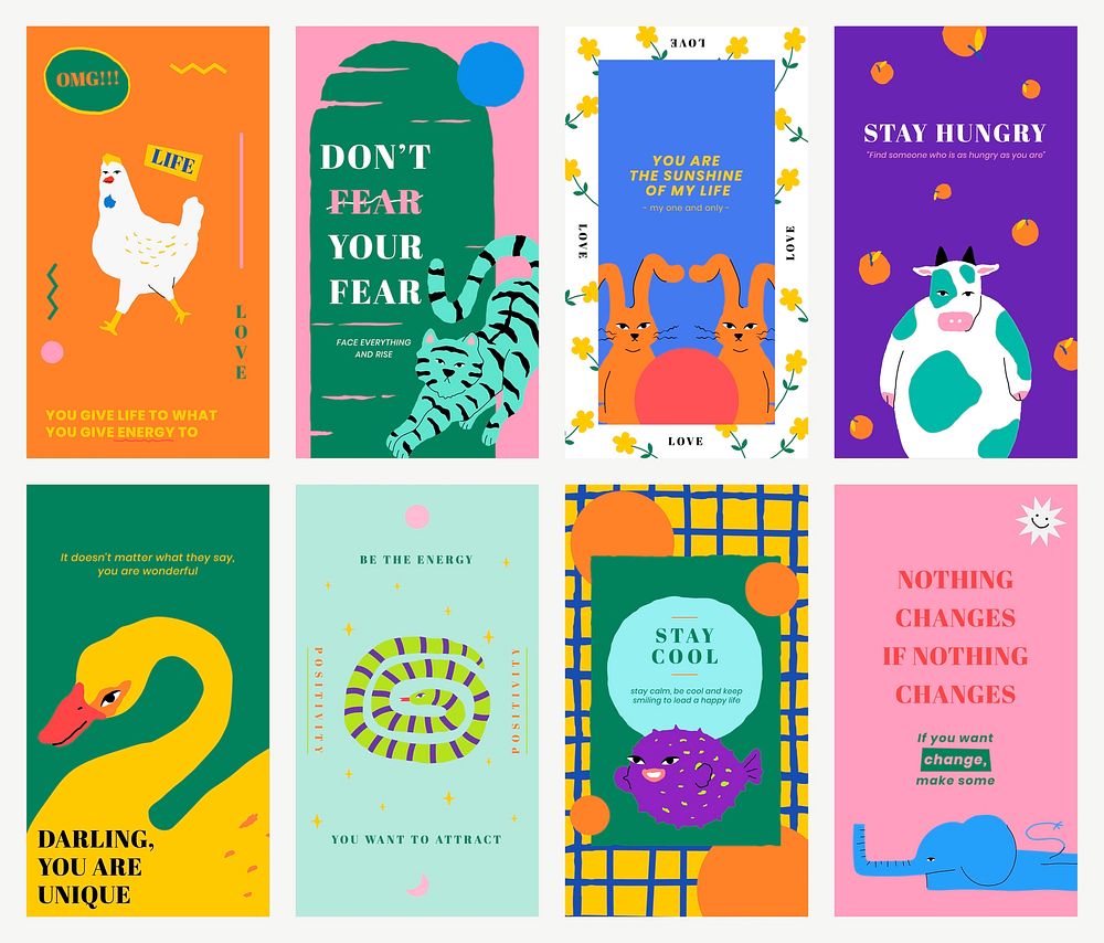 Motivational quote template vector for social media story with cute animal illustration set