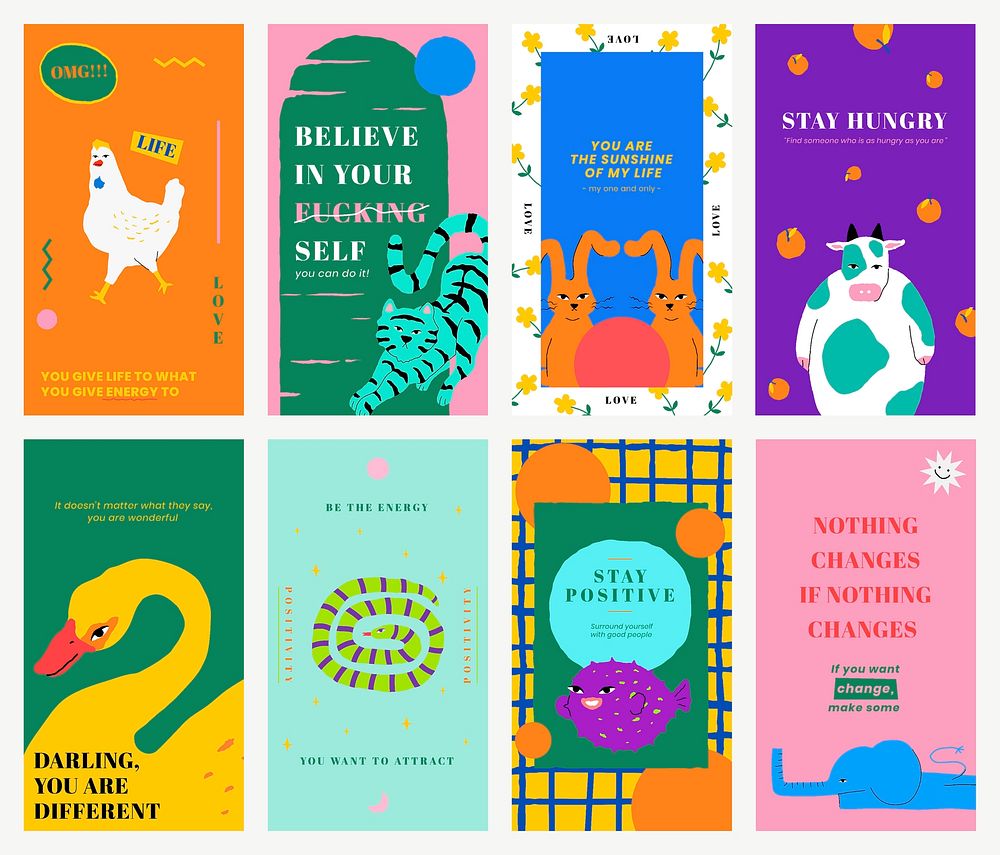 Motivational quote template vector for social media story with cute animal illustration set