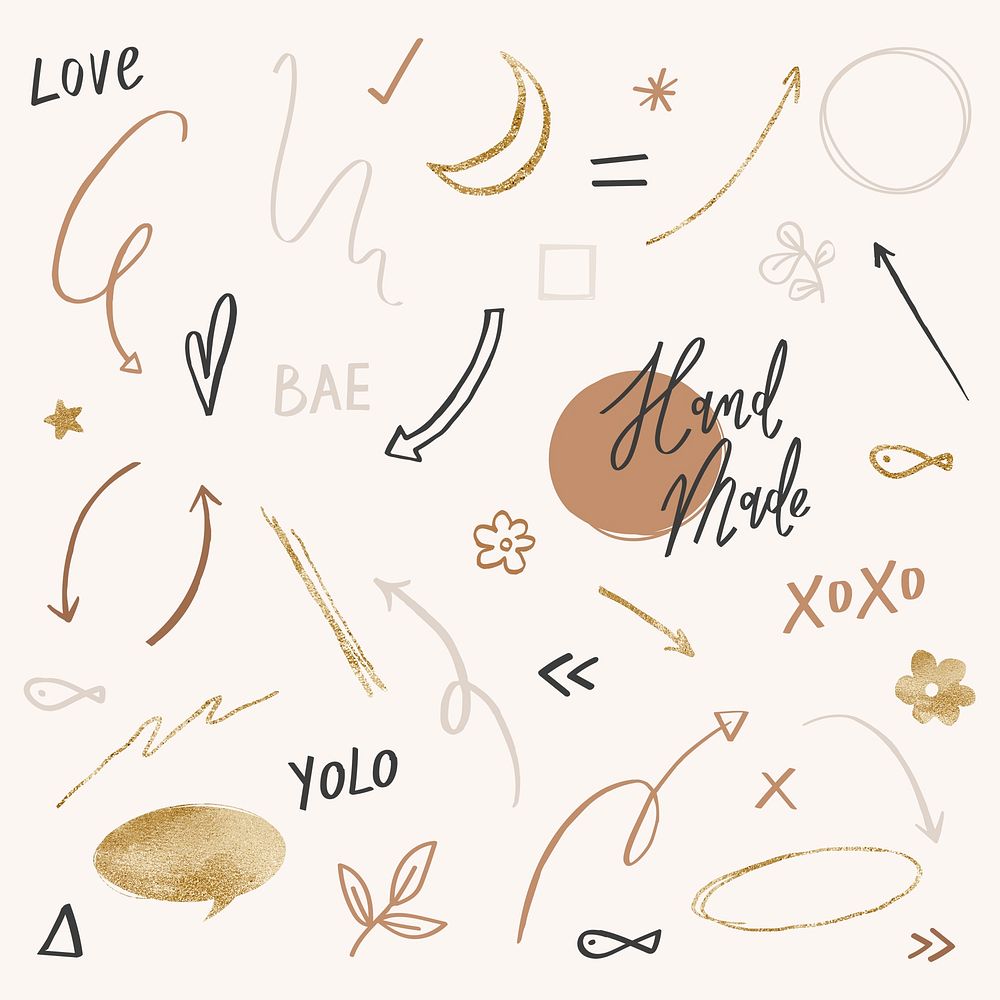 Cute doodle psd set in black and gold tone