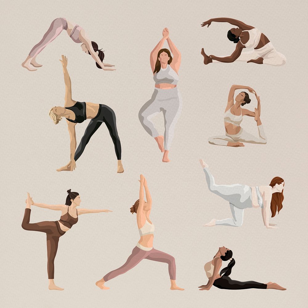 Aesthetic yoga poses vector with health and body illustrations set