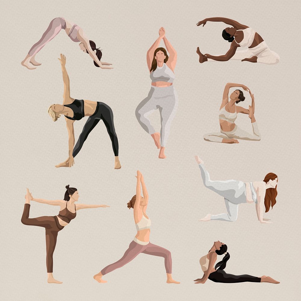 Aesthetic yoga poses psd with health and body illustrations set