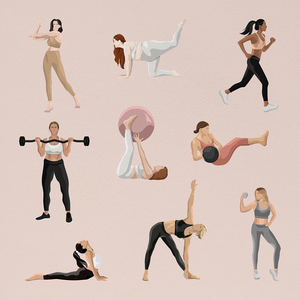 Body and mind psd women&rsquo;s workout illustrations set