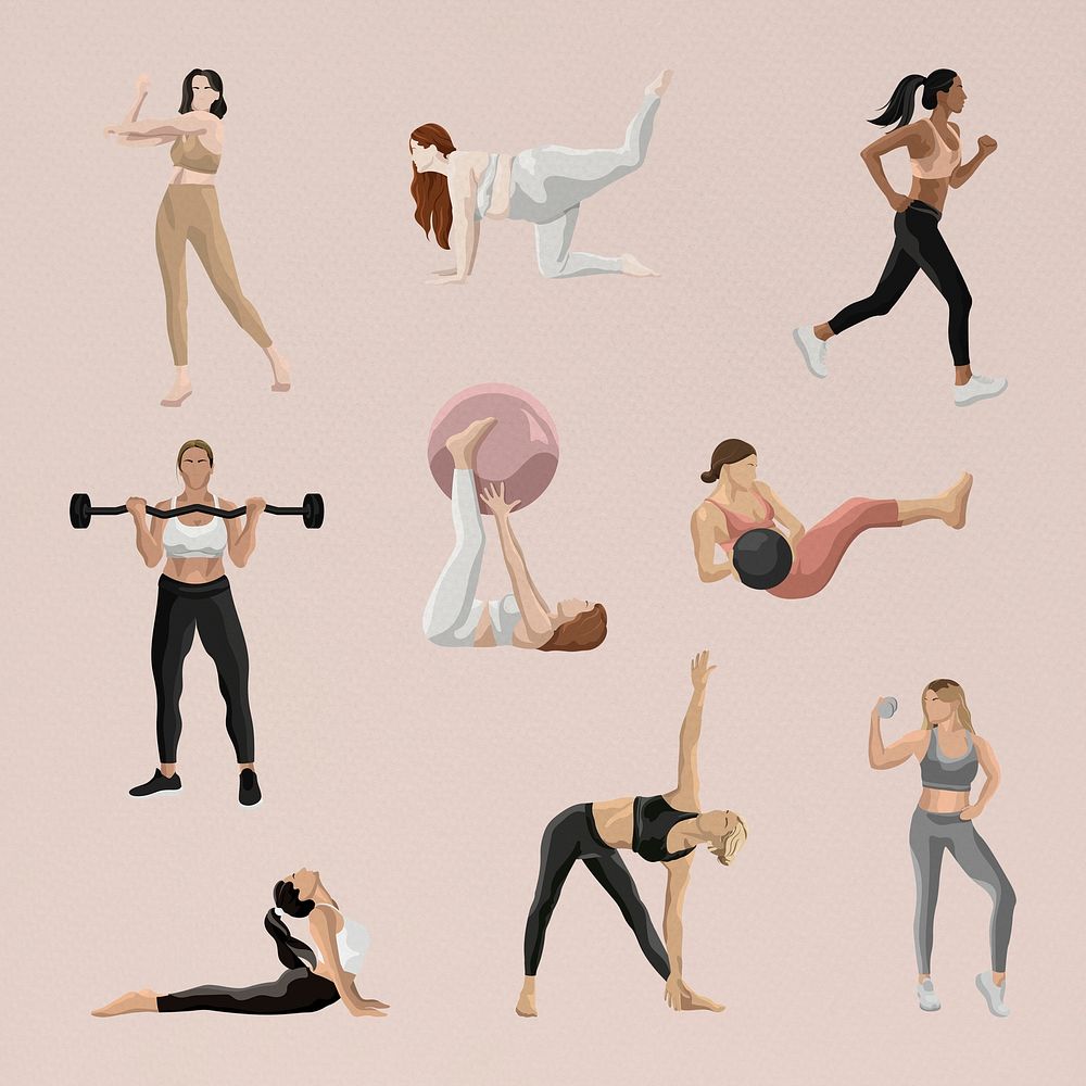 Body and mind vector women&rsquo;s workout illustrations set