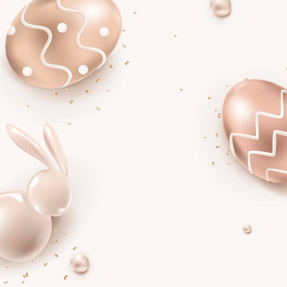 Easter festival beige background vector with 3D rose gold bunny and eggs