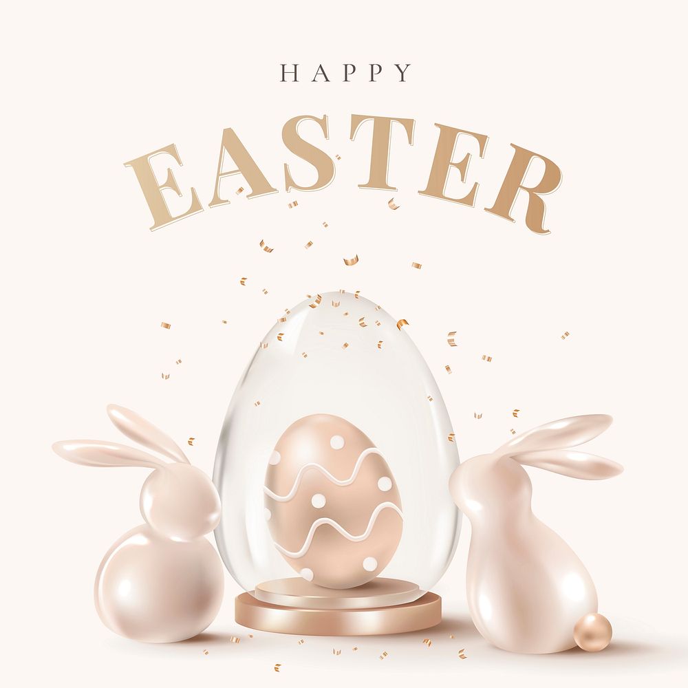 Happy Easter luxury template vector with 3D bunny rose gold social media post