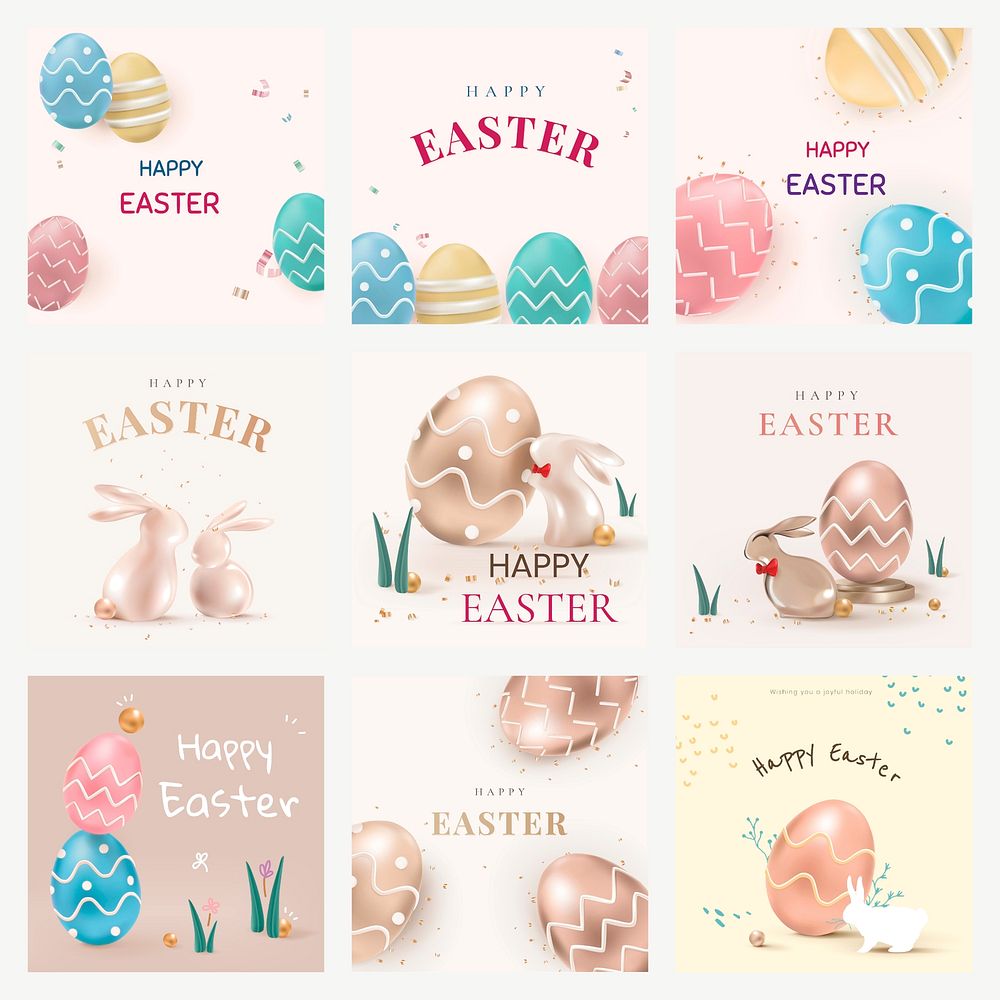 Happy Easter greetings template vector 3D colorful festival celebration social media posts collection