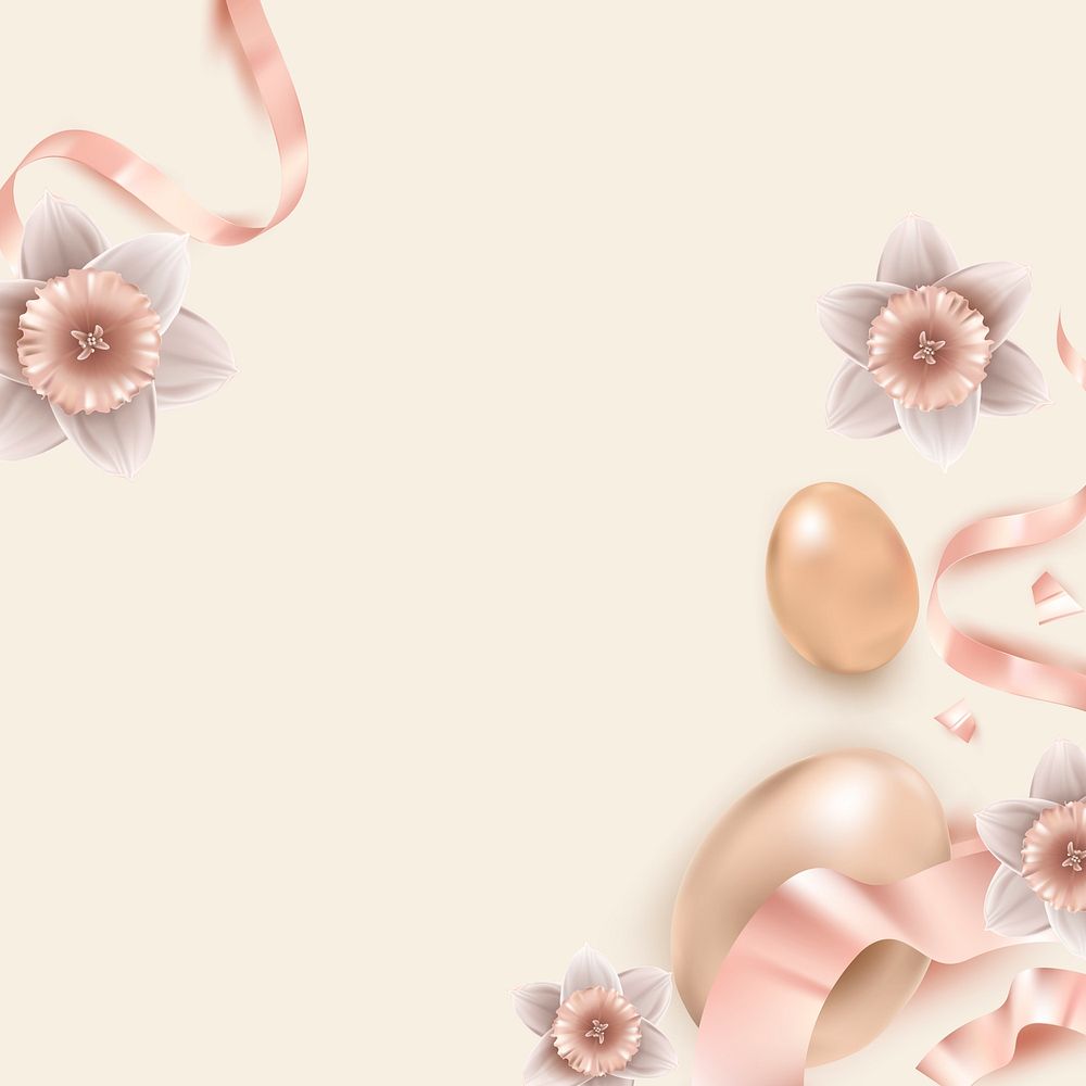 Floral Easter eggs border in 3D rose gold and ribbons on beige background for greeting card