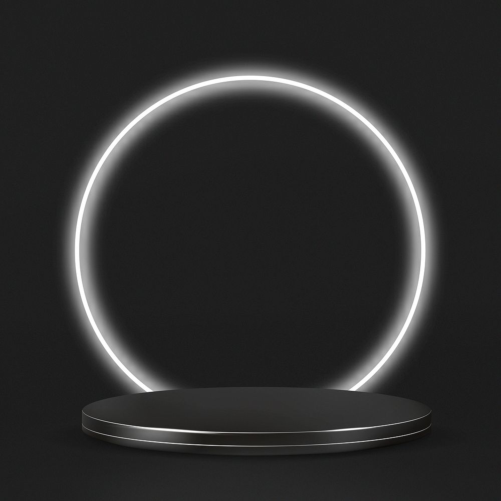 Black product display podium psd with white neon ring