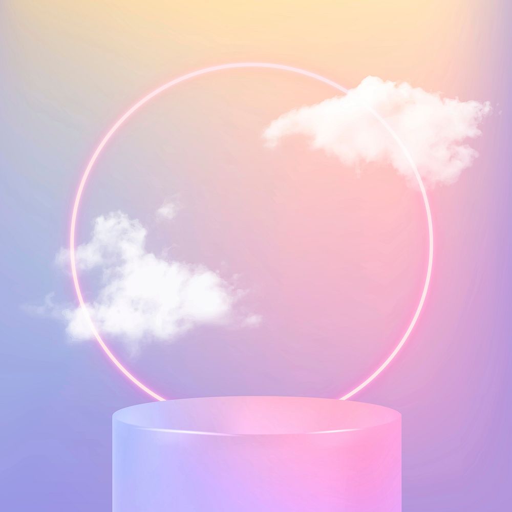 3D product display podium vector with pink neon ring and clouds on pastel background