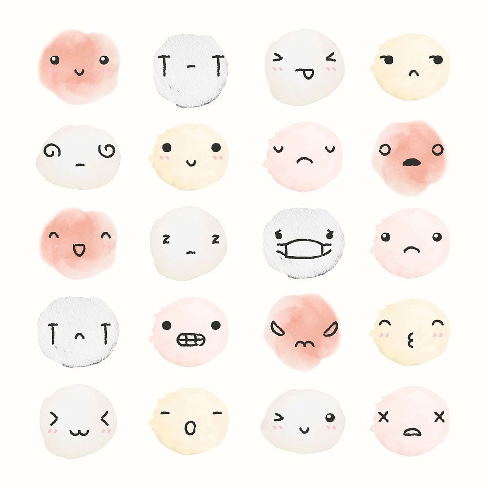 Watercolor emoticon design element vector with diverse feelings in doodle style set