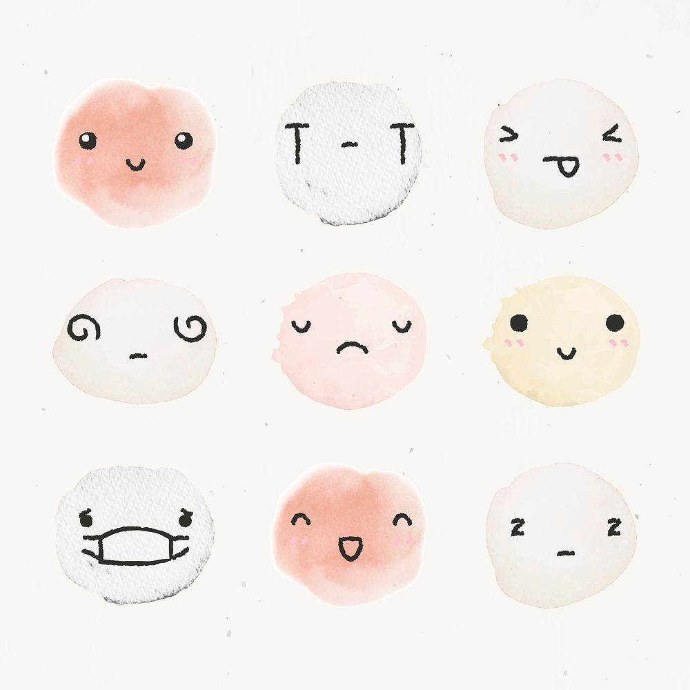 Watercolor emoticon design element psd with diverse feelings in doodle style set