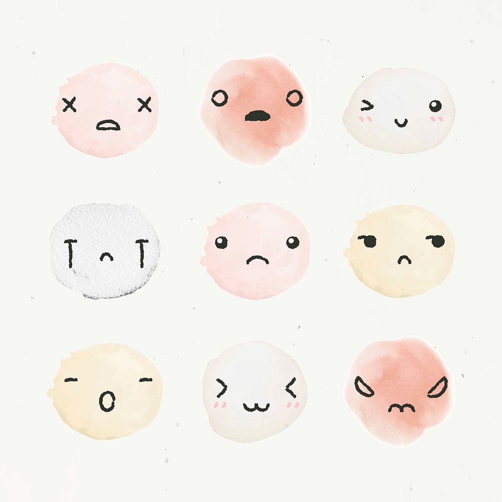 Watercolor emoticon design element vector with diverse feelings in doodle style set