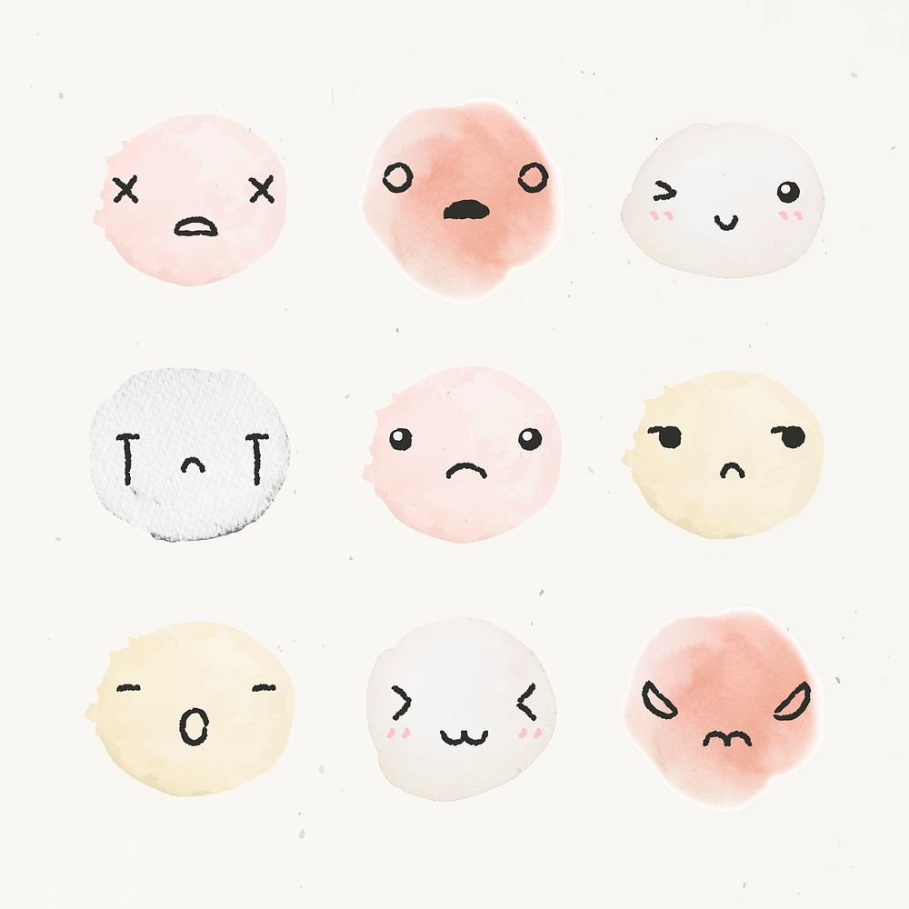 Watercolor emoticon design element psd with diverse feelings in doodle style set
