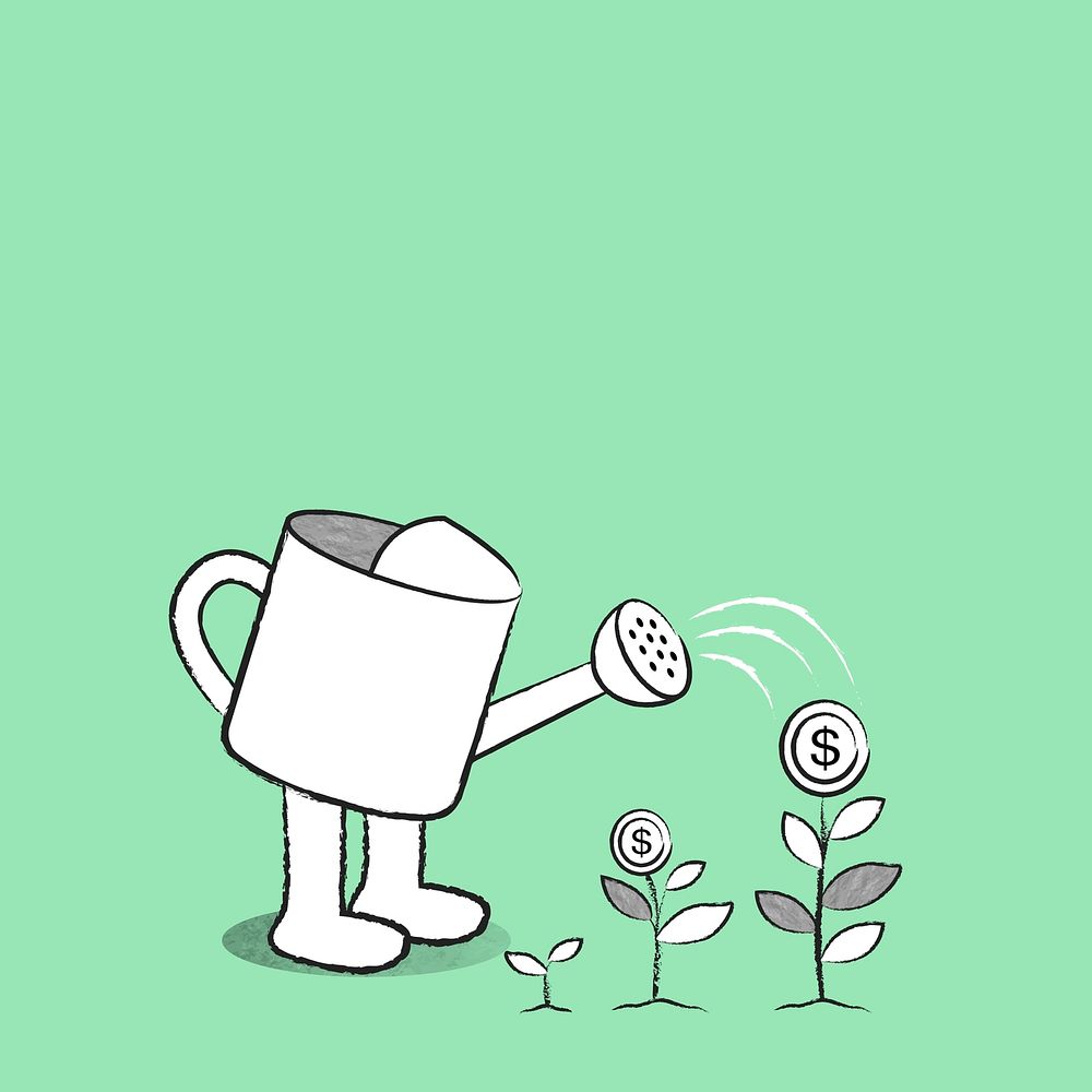 Green watering can background psd with doodle business growth illustration
