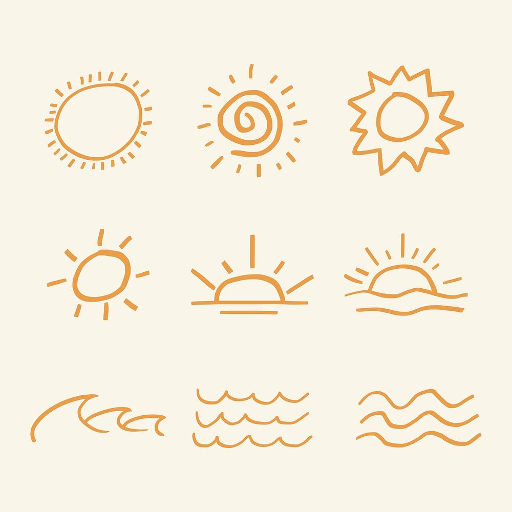 Orange summer sunset psd sticker cute doodle set