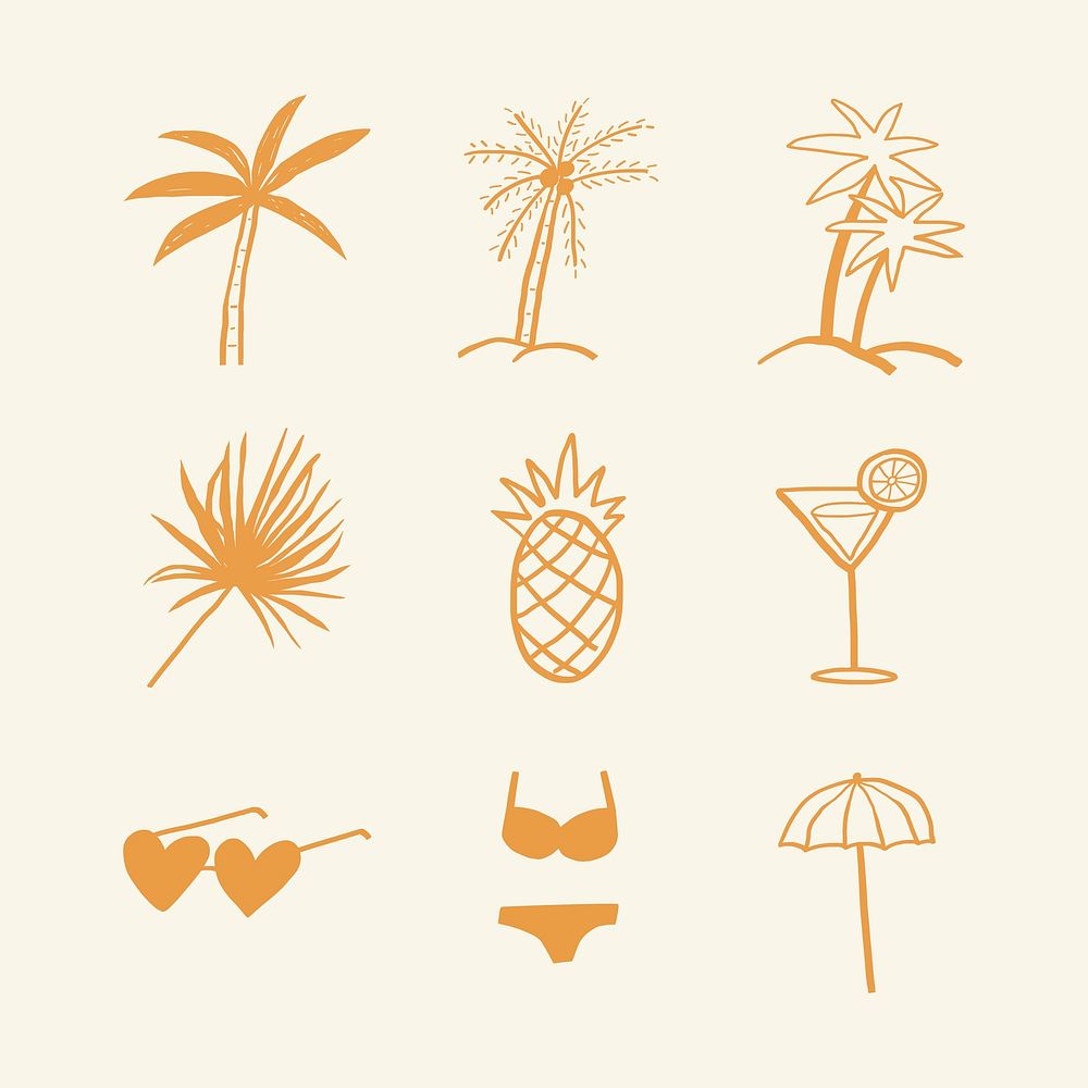 Summer palm trees psd and vacation motifs diary stickers doodle collection