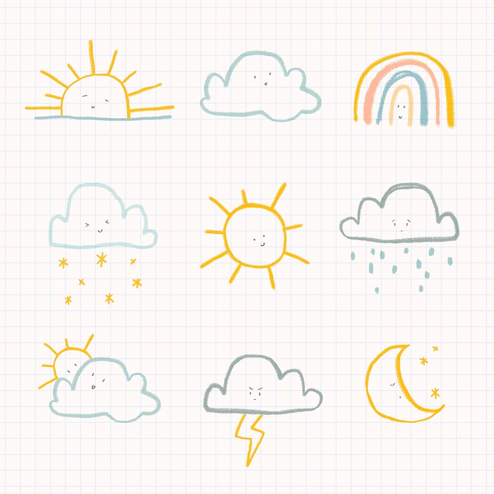Clouds weather diary sticker vector cute doodle set for kids
