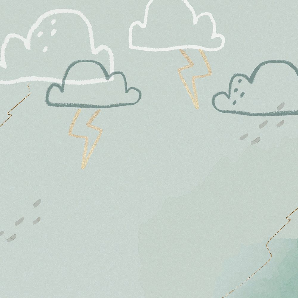Thunder clouds background psd in green with glittery cute doodle illustration for kids