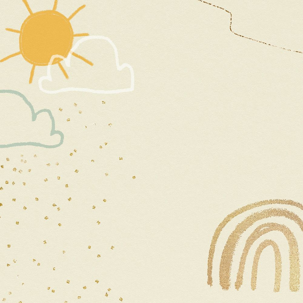 Sunny weather background psd in pastel yellow with glittery cute doodle illustration for kids