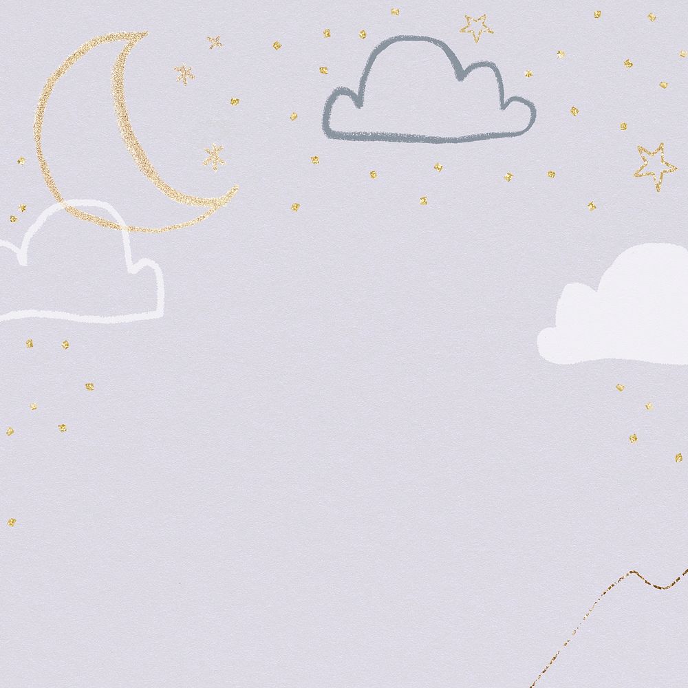 Night sky background psd in purple with moon stars and clouds doodle illustration
