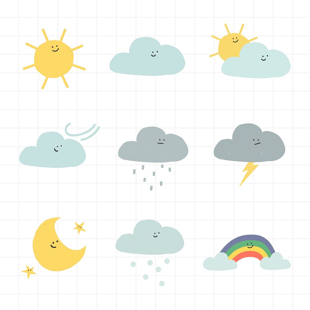 Clouds weather vector sticker with smiling face cute doodle set for kids