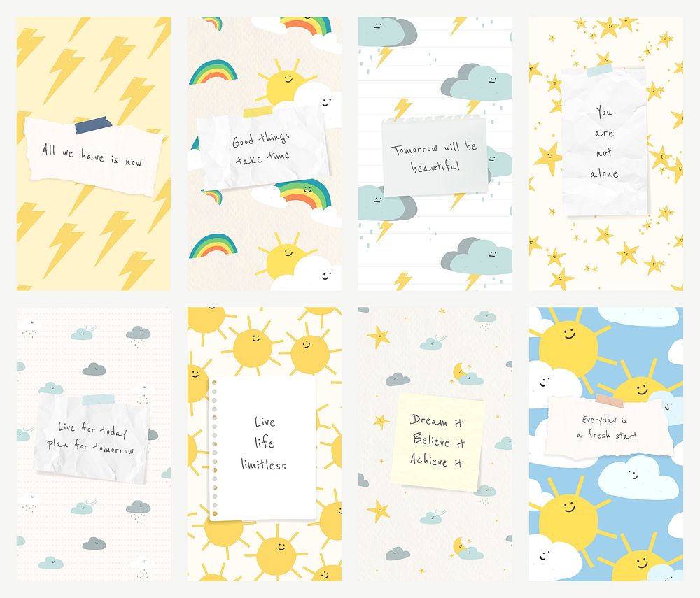 Motivational quote social template vector with cute weather doodle collection compatible with AI