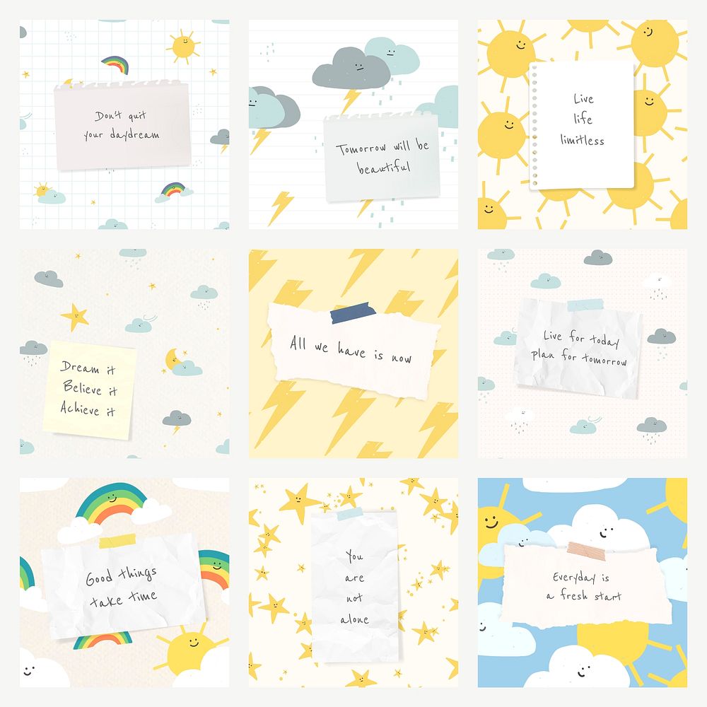 Cheerful quote template vector quote with cute weather drawings collection compatible with AI
