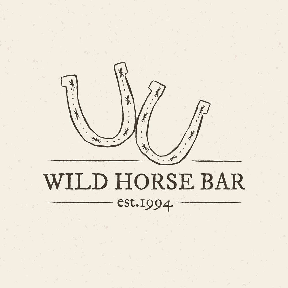 Wild horse bar logo psd illustration with editable text and doodle horseshoe