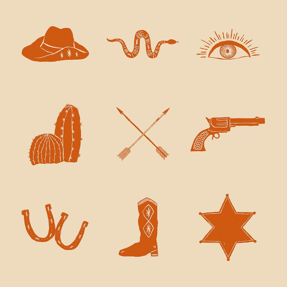 Doodle cowboy logo vector set 