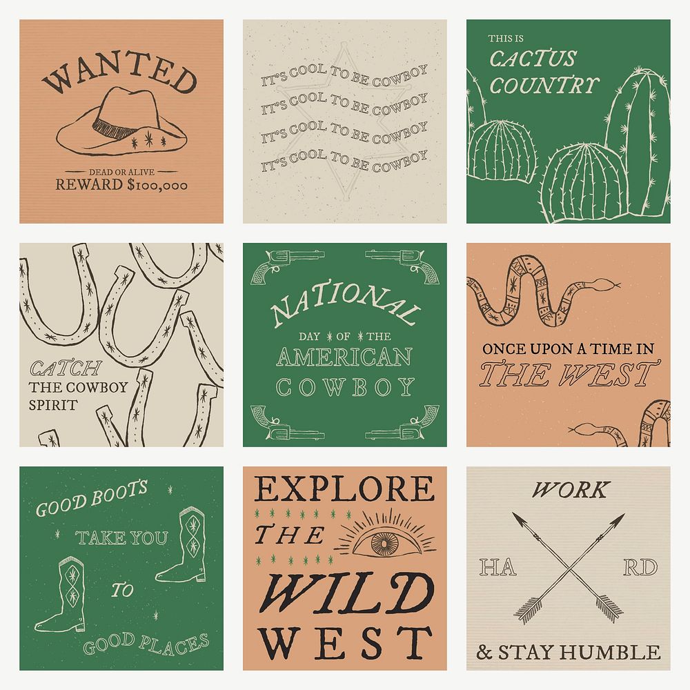 Cowboy themed social media template vector with editable text collection
