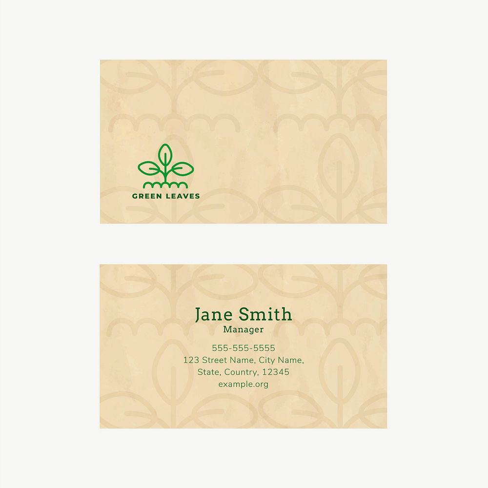 Eco business card template psd with line art logo in earth tone