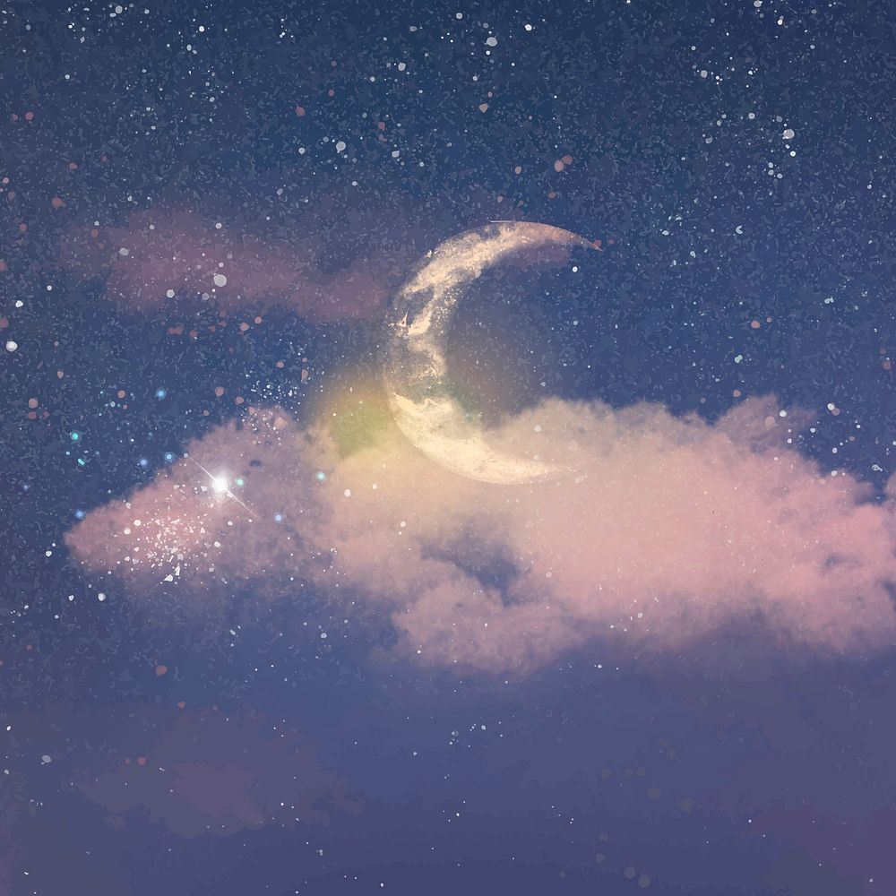 Beautiful night sky background vector with half moon and stars