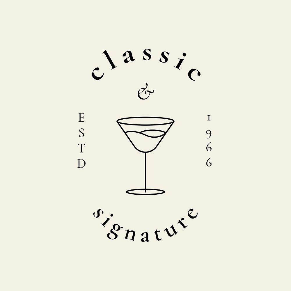 Cocktail lounge logo template psd with minimal cocktail glass illustration