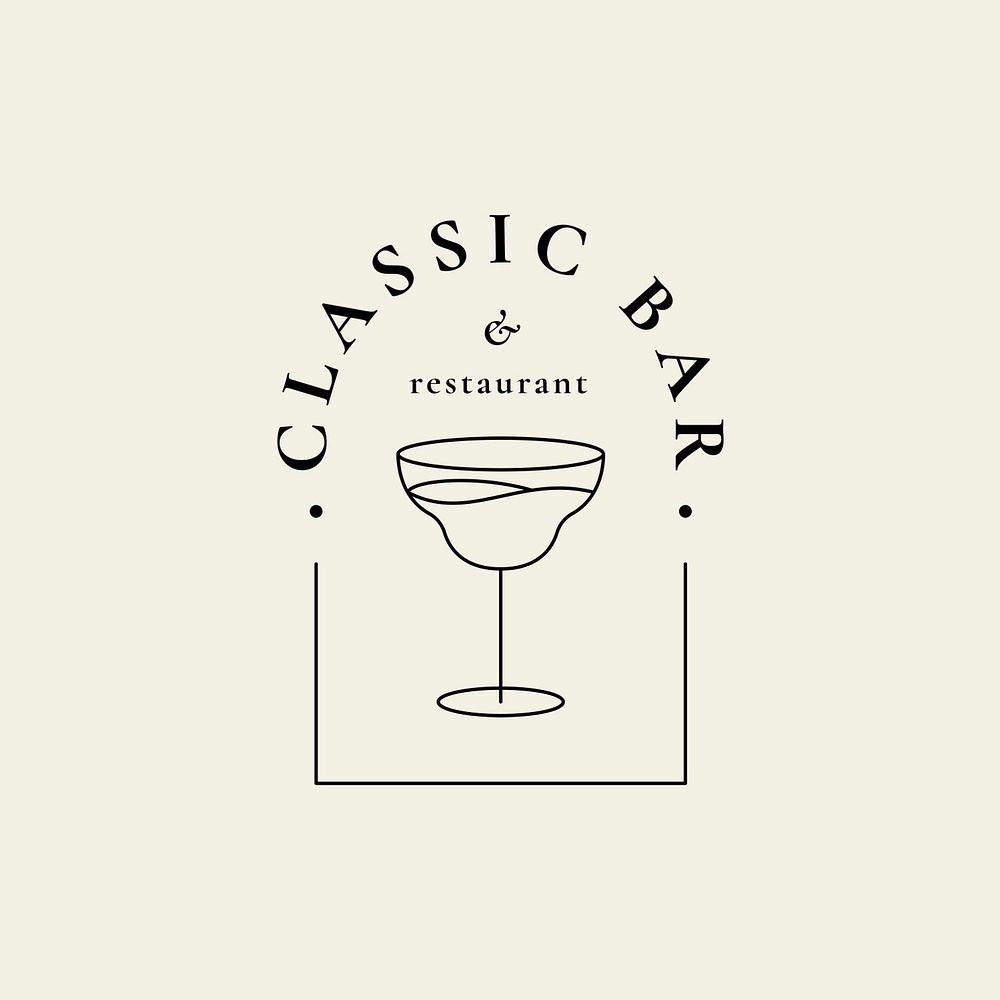 Luxury bar logo template psd with minimal cocktail glass illustration