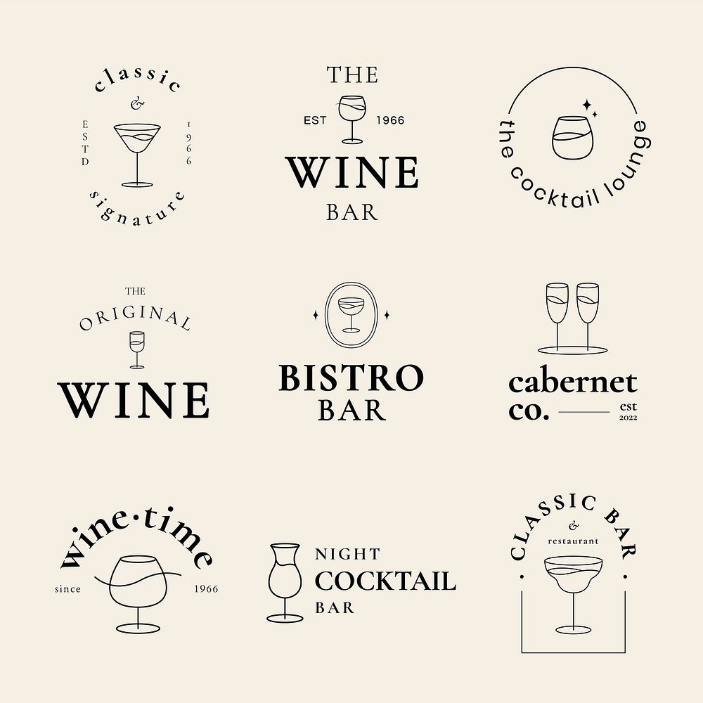 Cocktail lounge logo template psd with minimal cocktail glass illustration set