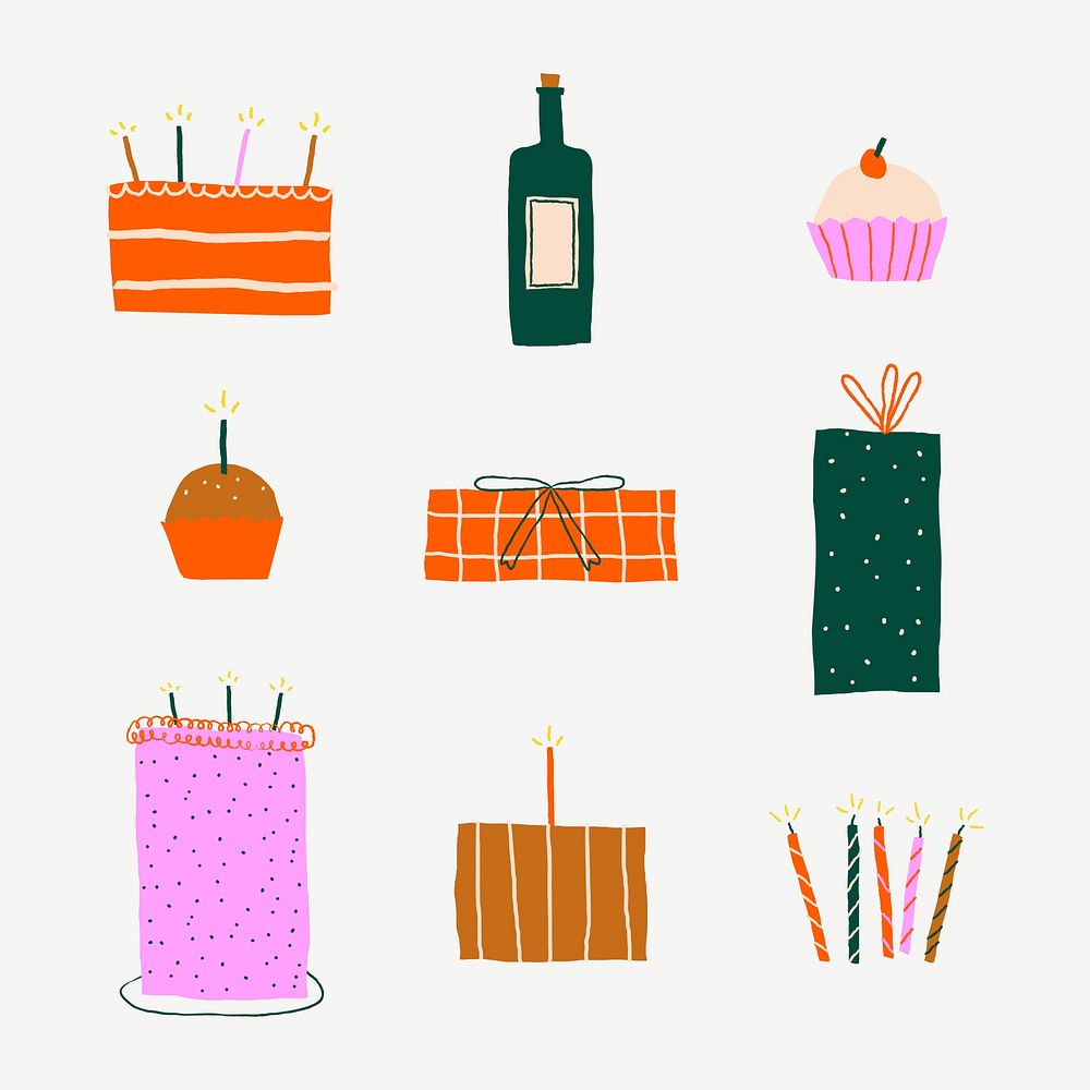 Birthday celebration cute stickers vector doodle set