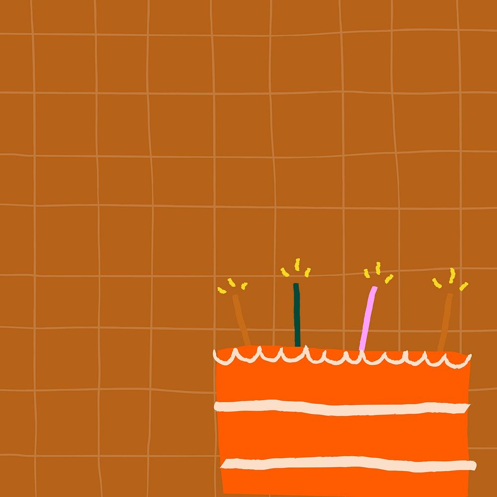 Brown grid birthday background vector with cute doodle cake