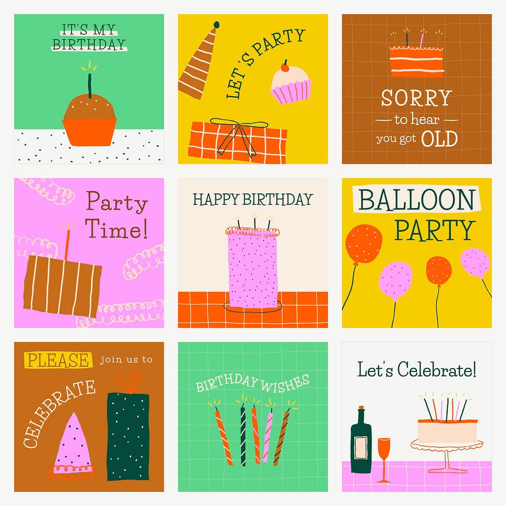 Doodle birthday party template vector cute social media post set